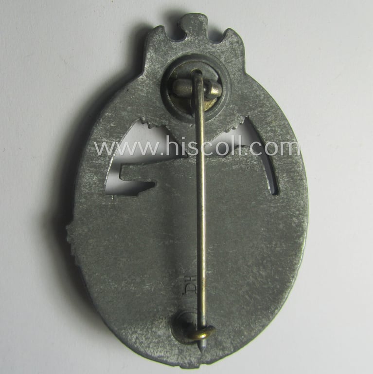 'Panzerkampfabzeichen in Silber' being a neatly maker- (ie. 'HA'-) marked- and/or typical zinc- (ie. 'Feinzink'-) based specimen as was produced by the desirable 'Hersteller' (ie. maker): 'Hermann Aurich'