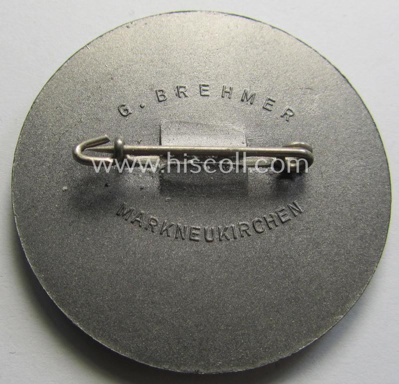 N.S.D.A.P.-related 'tinnie' (ie. 'Tagungs- o. Veranstaltungsabzeichen') being a neatly-maker- (ie. G. Brehmer - Markneukirchen'-) marked example showing the text: 'Reichsparteitag 1937'