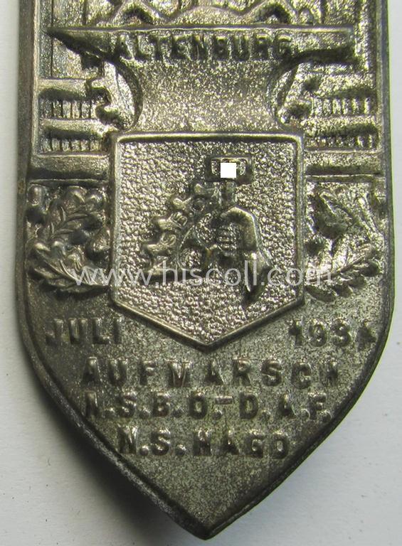 Commemorative, D.A.F.- ie. N.S.B.O.- (ie. 'Deutsches Arbeitsfront') related day-badge (ie. 'tinnie') as issued to commemorate a gathering simply named: 'Aufmarsch N.S.B.O.-D.A.F. - N.S. Hago - Altenburg - Juli 1934'