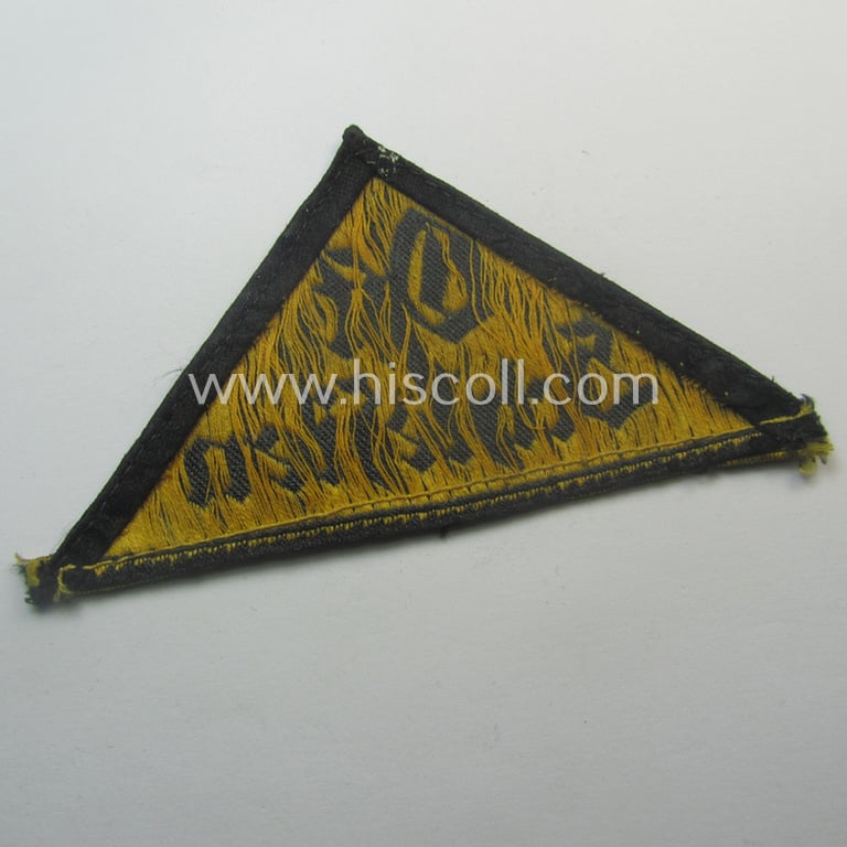 Superb - and truly rarely found! - 'HJ' (ie. 'Hitlerjugend') early-period, 'honorary' district-triangle (ie. 'Gebietsdreieck') entitled: 'Ost Schlesien' (having a golden-toned 'honorary rank-stripe' attached, signifying HJ-membership before 1933)