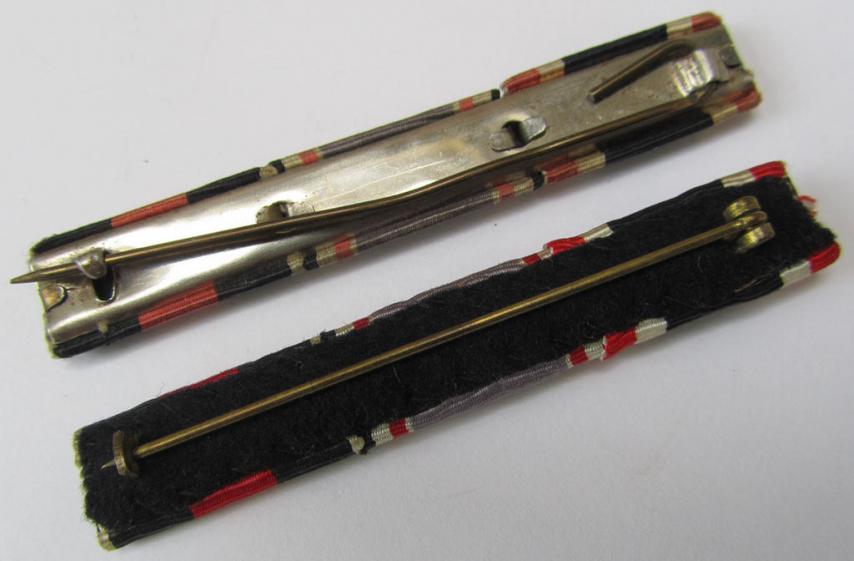 Attractive, 2-pieced 'grouping' comprising of two 3-pieced-, WWII-period ribbon-bars (ie. 'Feld- o. Bandspangen') each showing the ribbons for a: 'KvK II. Kl. m. Schw.', a: 'Luftschutz-Ehrenzeichen 2. Stufe' and a: Czech 'Anschluss'-medal