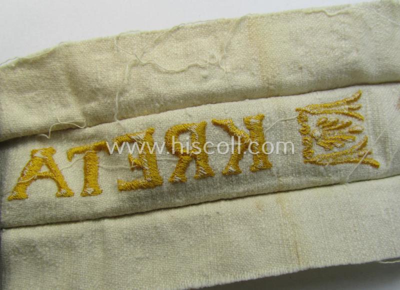 Superb, WH (LW o. Heeres) cuff-title (ie. 'Ärmelstreifen') entitled: 'Kreta' (being a wonderful- and totally non-shortened example that comes in a truly issued- ie. I deem once tunic-attached, condition)