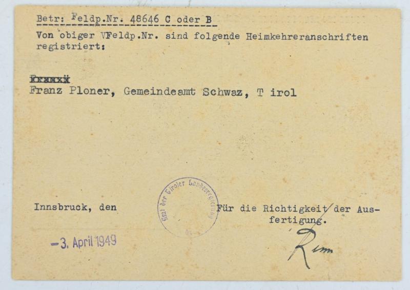 German DRK POW Message SS Soldier Panzerjager-Abteilung 8 (8. SS-Division)