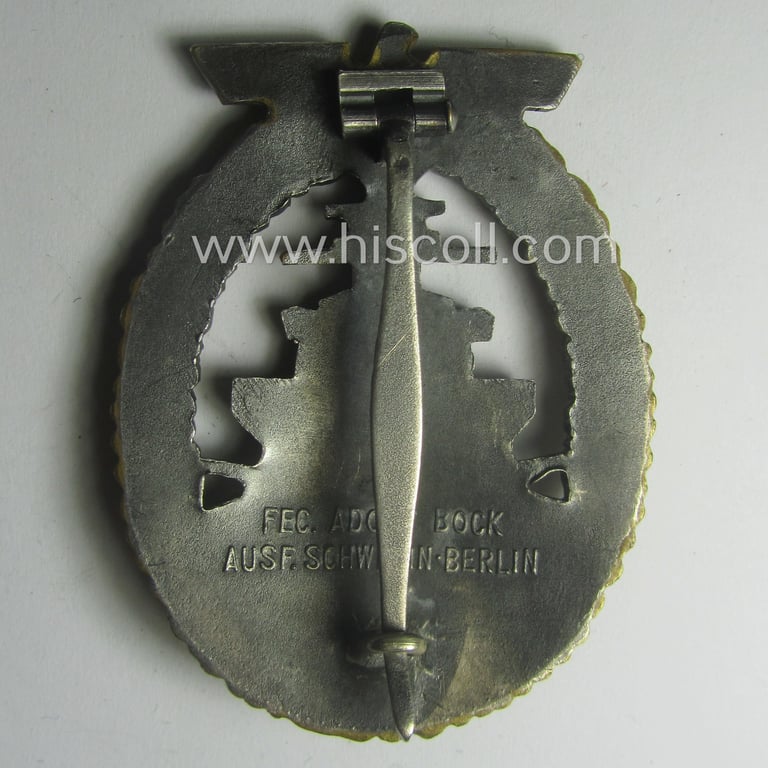 Superb - albeit moderately worn! - luxuriously-styled WH (KM) 'Flottenkriegsabzeichen' (or: high-sea fleet badge) being a maker-marked example as executed in typical 'Buntmetall' as produced by the maker: 'Fec. Adolf Bock - Ausf. Schwerin - Berlin'