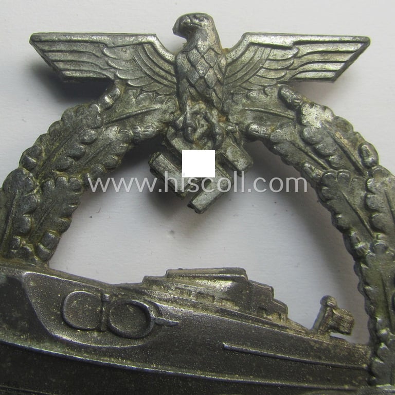 Superb, WH (Kriegsmarine) so-called: 'Kriegsabzeichen für Schnellboote - 2. Modell' (or: E-boat-war-badge of the 2nd model) being a maker- (ie. 'Fec. W.E. Peekhaus'-) marked example as was produced by the: 'Schwerin'-company