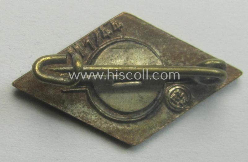 HJ (ie. 'Hitlerjugend') enamelled lapel-pin (ie.: 'Raute') with a: 'RzM - M1/44'-makers'-designation