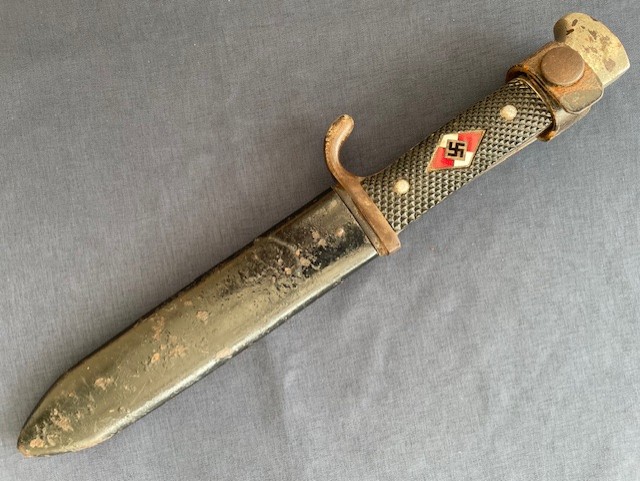 WW2 GERMAN HITLER YOUTH KNIFE WITH MOTTO AND RZM STAMPED 1938 M7/51 ANTON WINGEN JR. SOLINGEN