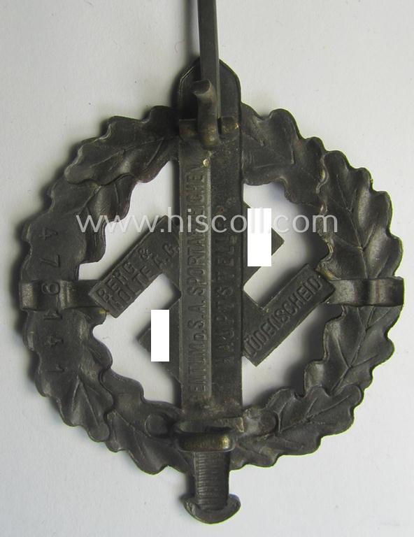 Darker-toned, 'SA-Sportabzeichen in Bronze' being a maker- (ie. 'Berg u. Nolte'-) marked example that shows the (unique) impressed bearers'-number: '479141'