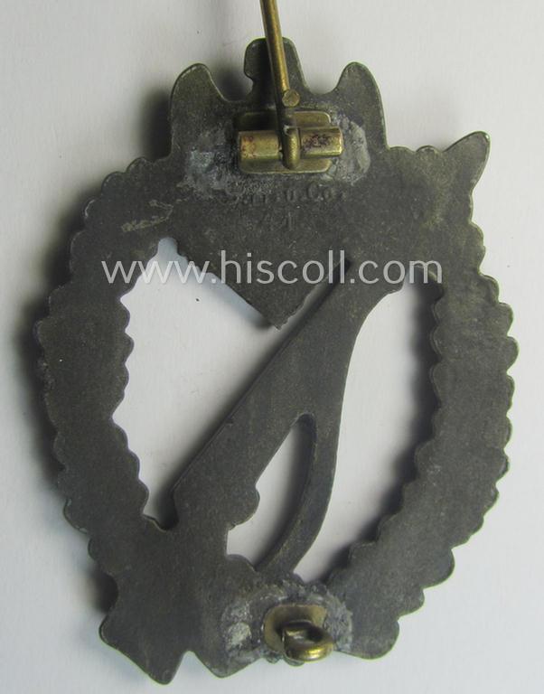 Attractive - and detailed! - 'Infanterie Sturmabzeichen in Bronze' (or: bronze-class infantry assault-badge ie. IAB) being a maker- (ie. 'S.H.u.C.o. 41'-) marked example as executed in bronze-toned, zinc-based metal (ie. 'Feinzink')