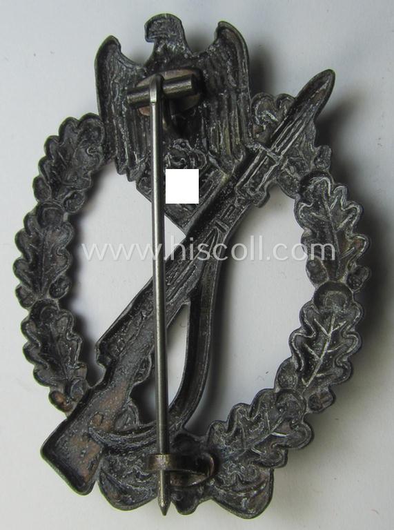 Superb, 'Infanterie Sturmabzeichen in Bronze' being a maker-marked (and/or very converse- ie. vaulted-) 'hollow-back' example by the maker: 'Friedrich Linden' (ie. 'F.L.L.') as was executed in bronze-coloured, zinc-based metal (ie. 'Feinzink...