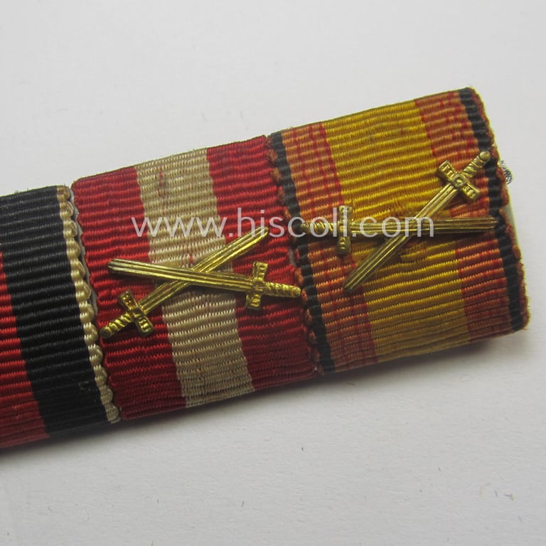 Superb, larger-sized ie. 5-pieced ribbon-bar (ie. 'Band- o. Feldspange') showing resp. the ribbons for an: 'EKII. Kl.', a: 'WH (Luftwaffe) D.A.', a: WH Czech 'Anschluss'- (ie. occupation-) medal and 2 Spanish commemorative awards