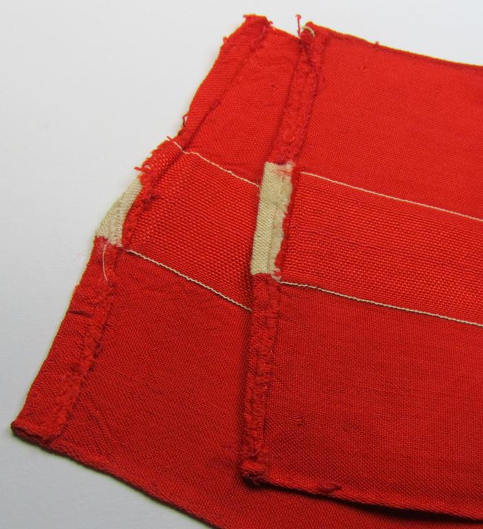 Attractive - and nowadays scarcely found! - 'standard'- (ie. entirely woven) pattern, bright-red-coloured HJ- (ie. 'Hitlerjugend'-) related armband (ie. 'Armbinde') being a moderately worn- ie. used example that regrettably misses its 'RzM'-e...