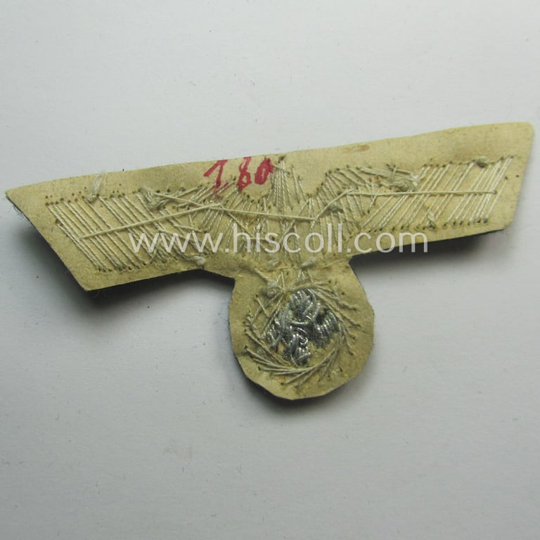 Superb - and detailed! - WH (Heeres) officers'-pattern, visor-cap eagle/cocarde-set (ie. 'Effektensatz für Schirmmütze') being both hand-embroidered examples that come mounted onto a typical darker-green-coloured- and/or woolen-based background