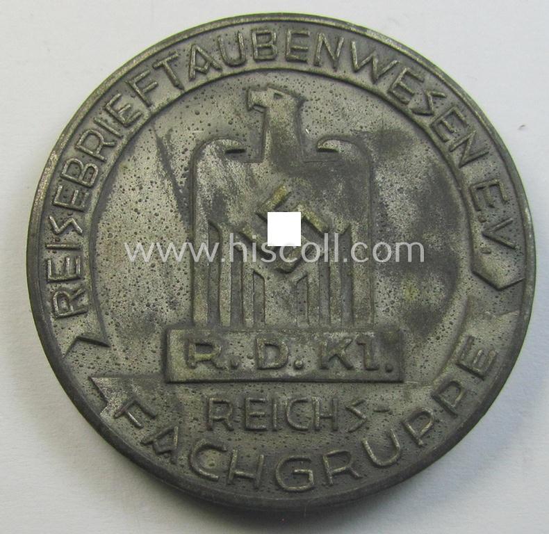 Unusually seen, silver-toned- (ie. typical 'zinc'-based) so-called: 'Reisebrieftaubenwesen e.V.'-related, commemorative-plaque entitled: 'R.D.Kl. Reichs-Fachgruppe - Für hervorragende Flugleistung 1937'