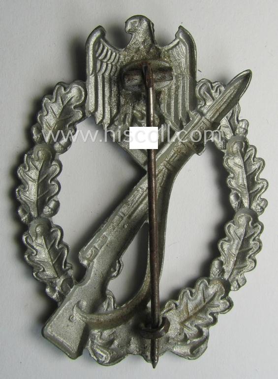 Attractive, 'Infanterie Sturmabzeichen in Silber', being an unmarked (and/or converse- ie. vaulted-) 'hollow-back' example by the maker: 'Friedrich Linden' (ie. 'F.L.L.') as executed in greyish-silver-coloured, zinc-based metal (ie. 'Feinzin...