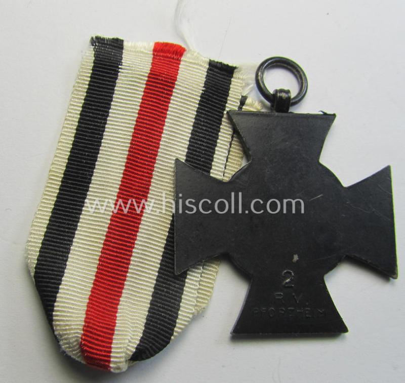 Attractive, WWI-period: 'Ehrenkreuz für Witwen und Waisen 1914-18' being a nicely preserved and maker- (ie. '2 - R.V. Pforzheim'-) marked example that came mounted onto its period (nicely folded) ribbon (ie. 'Bandabschnitt')