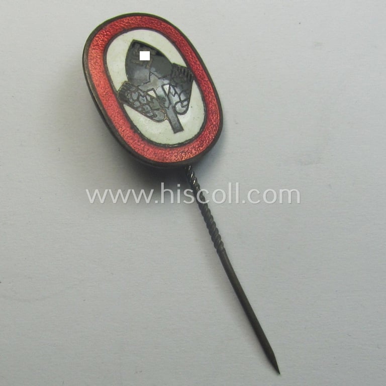 Multi-coloured-enamelled lapel-pin (aka: 'RAD-Erinnerungsnadel') being a neatly maker- (ie. 'A.TH.'-) marked example as was intended for the: 'Reichsarbeitsdienst der Männer (RAD/M)'
