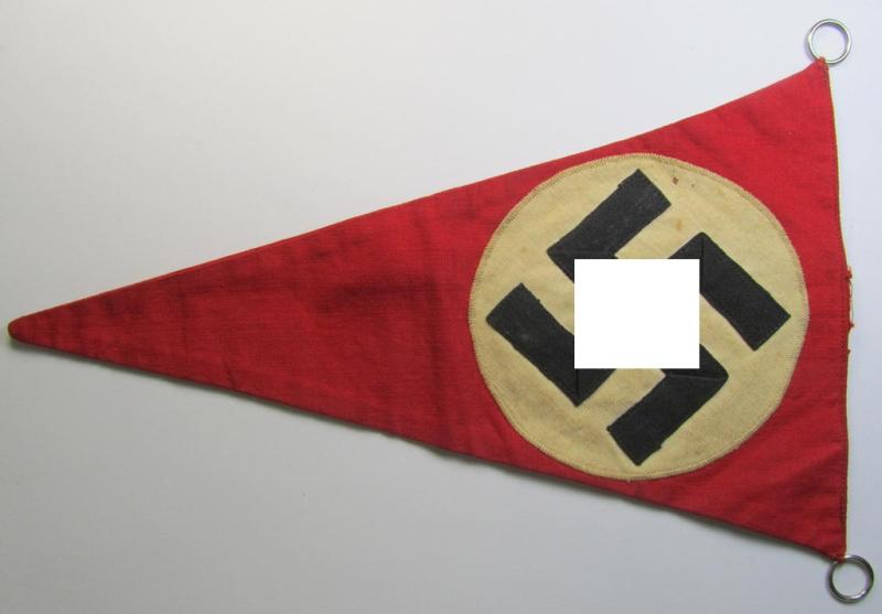 Attractive - 'patriotic-styled'- and/or truly nicely woven! - N.S.D.A.P.-related vehicle- ie. bicycle-flag (ie. 'Fahrrad-Fahne') depicting on one side a swastika-device and showing on the other side the text: 'Reichsparteitag 1934 - Nürnberg'