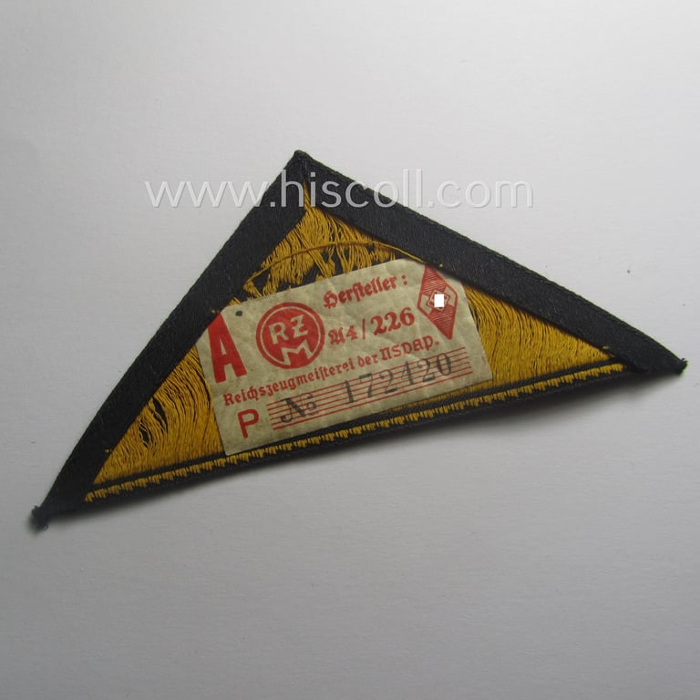 Superb, 'HJ' ('Hitlerjugend') district-triangle (ie. 'Gebietsdreieck') entitled: 'Südost Wien' (being a hardly used- nor worn example that still retains its period-attached 'RzM'-etiket)
