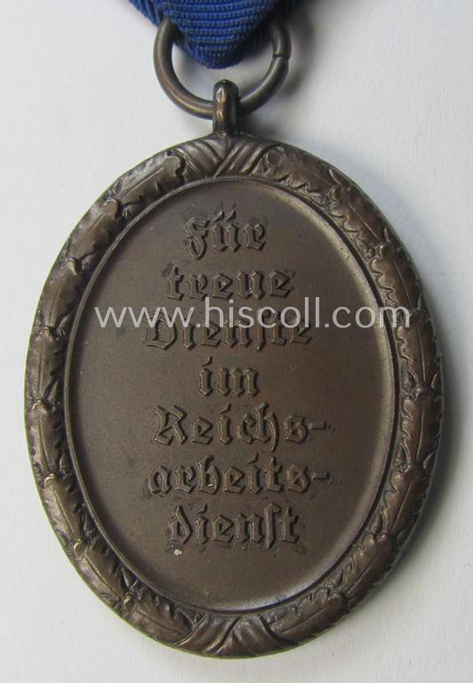 Attractive example of a: RAD (ie. 'Reichsarbeitsdienst'): 'Dienstauszeichnung 4. Stufe für Männer' as was intended for 4 years loyal-service and that comes mounted onto its period (broad-sized) ribbon (ie. 'Bandabschnitt')