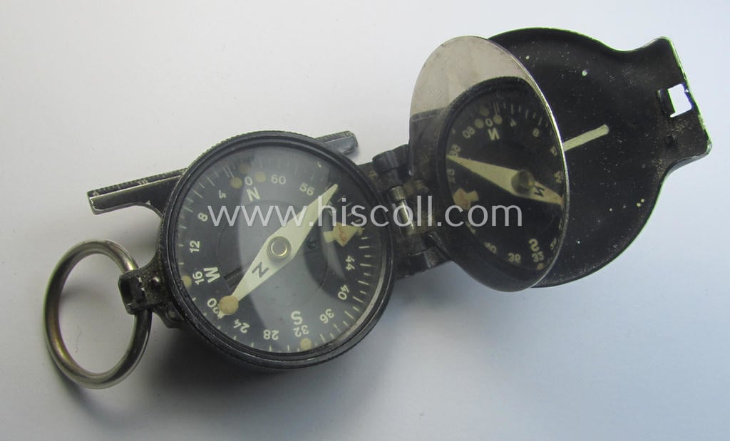 Pre-war-period, 'standard-issue'-pattern and/or (typical) black-coloured (and/or partly  aluminium-based) WH compass (ie. 'Marschkompass') which is nicely maker- (ie. 'Fargel & Rossmannith'-) marked and/or individually numbered: '19688'