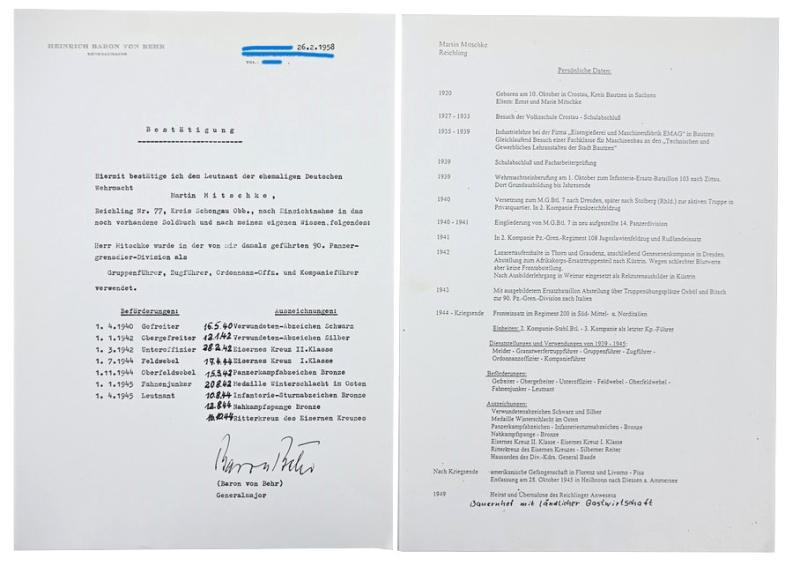 Signature of Wehrmacht Heer KC Recipient 'Martin Mitschke'