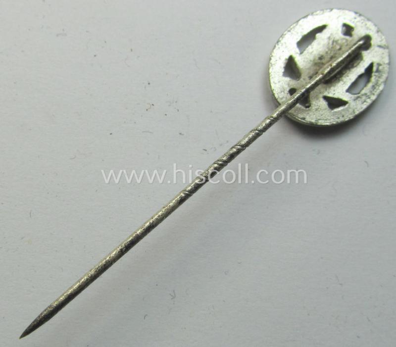 Miniature-lapel-pin depicting an: 'Allgemeines-Sturmabzeichen' (or: general-assault-badge ie. GAB) being a non-maker-marked example as executed in silver-coloured zinc-based metal (ie. 'Feinzink')