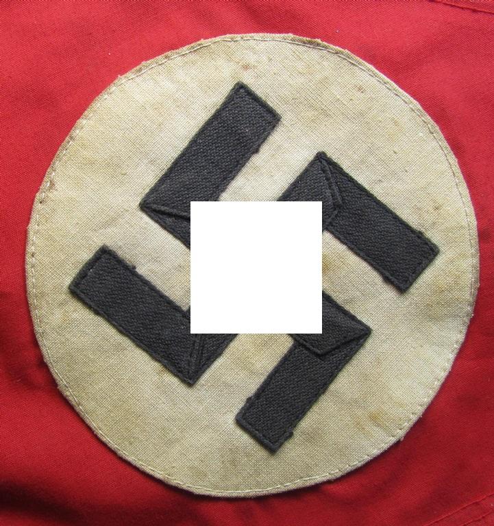 Attractive, medium- (ie. somewhat larger-) sized N.S.D.A.P.-related so-called: 'Fahrrad- o. Hausfahne' (being fabricated in typical, linnen-based- and/or printed fabric) and that comes in an overall nice, albeit moderately used, condition