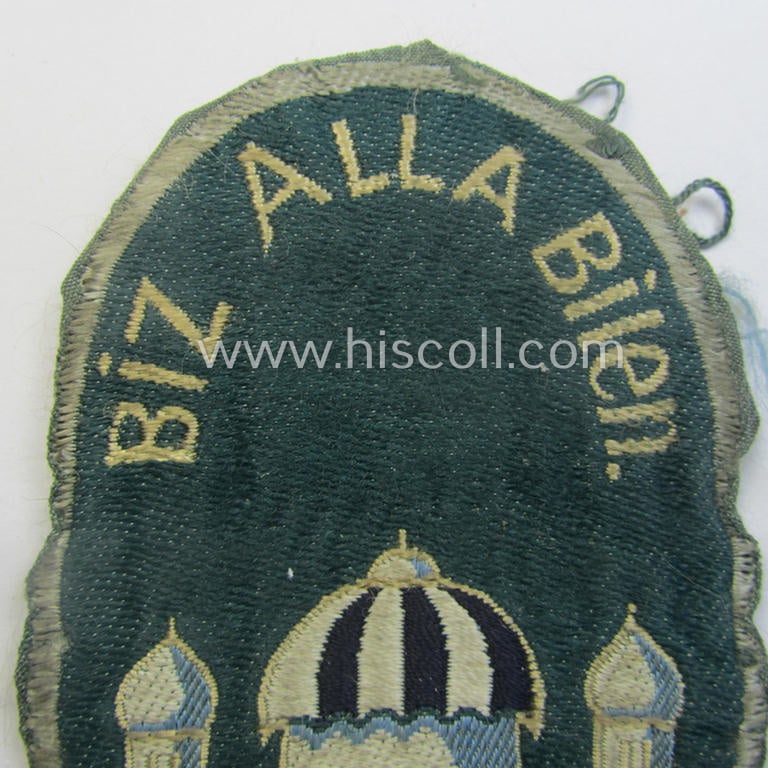 Superb - truly used- and/or worn! - 'BeVo'-type armshield (of the first pattern!) entitled: 'Biz Alla Bilen - Turkistan' (as intended for a volunteer who served within the: 'Deutsche Wehrmacht' ie. within the: 'Turkistanisches Legion')
