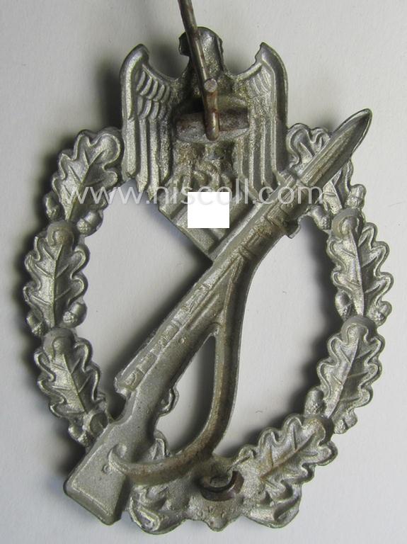 Attractive, 'Infanterie Sturmabzeichen in Silber', being an unmarked (and/or converse- ie. vaulted-) 'hollow-back' example by the maker: 'Friedrich Linden' (ie. 'F.L.L.') as executed in greyish-silver-coloured, zinc-based metal (ie. 'Feinzin...