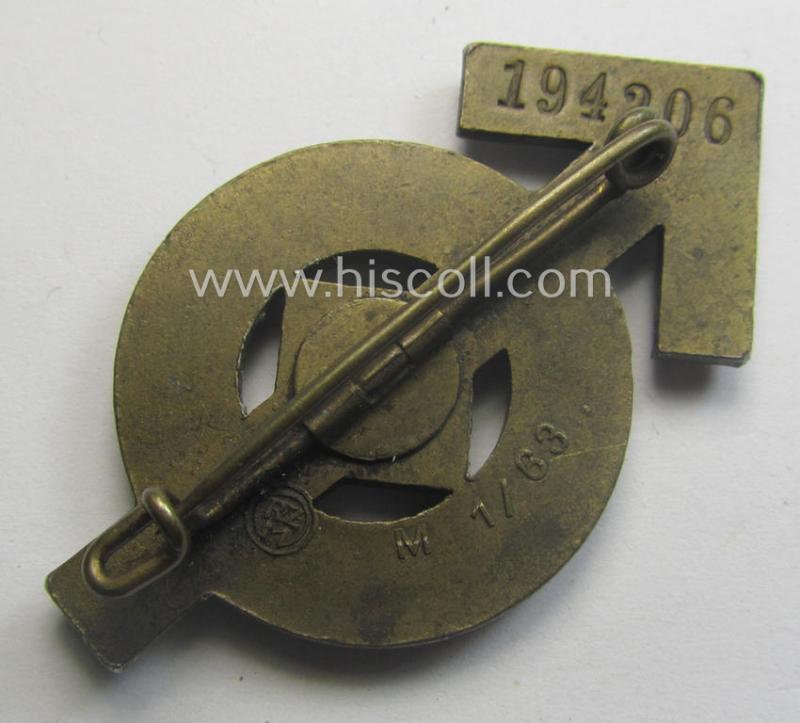 HJ- (ie. 'Hitlerjugend'-) sports-badge (or: 'HJ-Leistungsrune') of the bronze-class being a clearly maker- (ie. 'RzM - M1/63'-) marked- and/or: 'Feinzink'-based specimen that shows an engraved (unique!) bearers'-numeral ('194206')