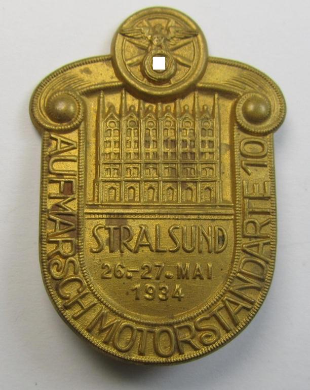 Commemorative - bright-golden-toned! - N.S.K.K.-related 'tinnie' being a non-maker-marked example depicting an illustration of a cathedral and N.S.K.K.-logo coupled with the text: 'Aufmarsch Motorstandarte 10 - Stralsund - 26.-27. Mai 1934'