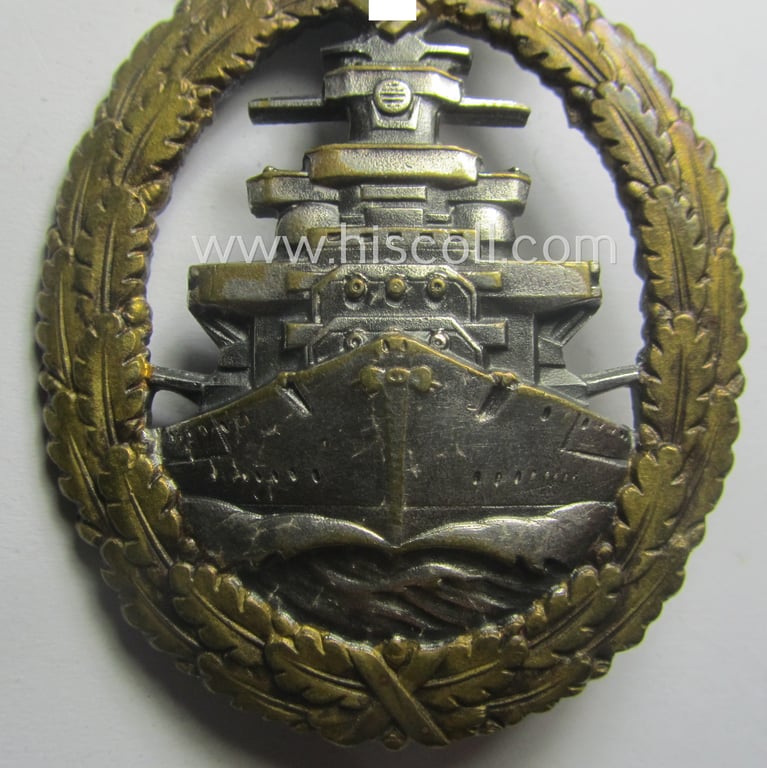 Superb - albeit moderately worn! - luxuriously-styled WH (KM) 'Flottenkriegsabzeichen' (or: high-sea fleet badge) being a maker-marked example as executed in typical 'Buntmetall' as produced by the maker: 'Fec. Adolf Bock - Ausf. Schwerin - Berlin'