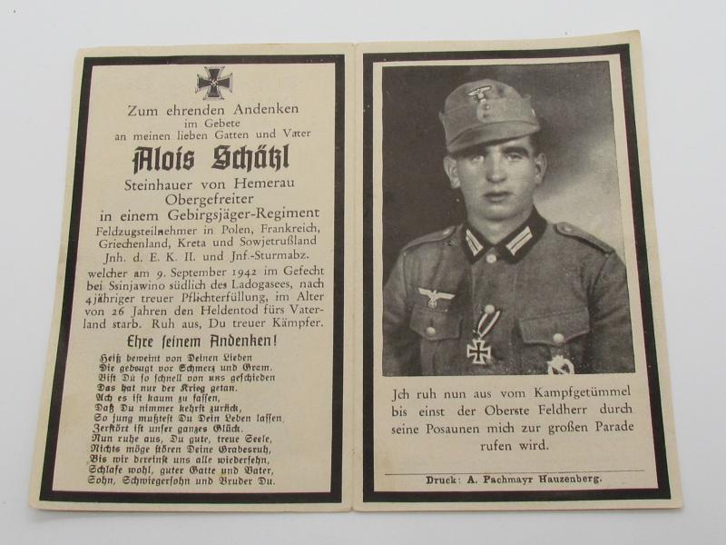 Wehrmacht ( Gebirgsjäger ) Death Card