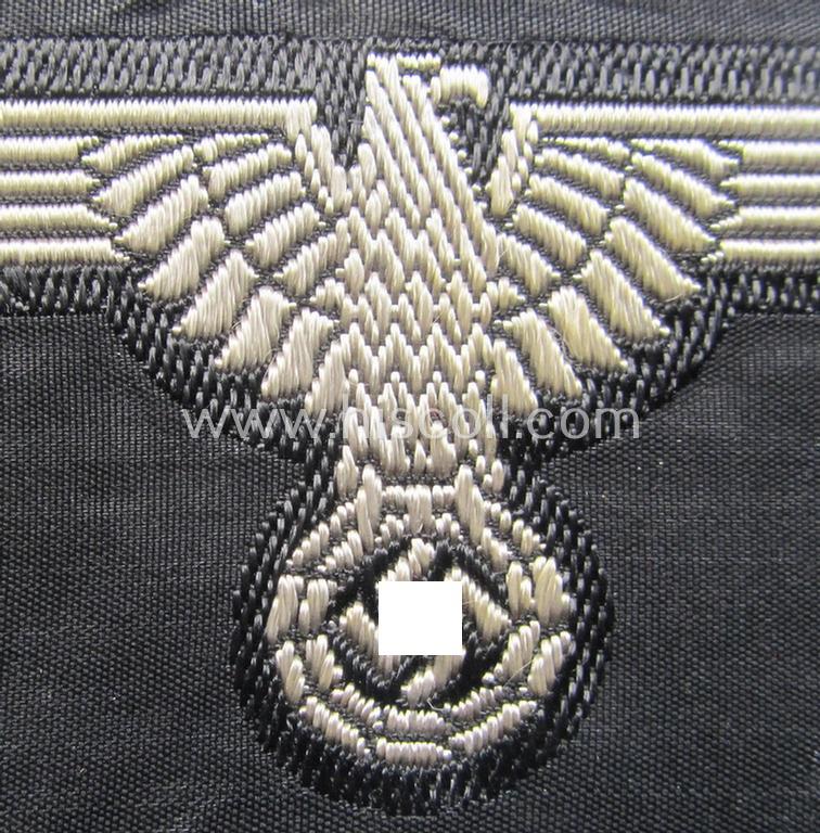 Superb, mid- (ie. later-war-) pattern, 'SS' (ie. 'Waffen-SS') so-called: 'BeVo-weave-style', enlisted-mens'- ie. NCO-pattern arm-eagle (ie. 'Ärmeladler für Mannschaften u. Unteroffiziere') as was intended for usage by the various Waffen-SS t...