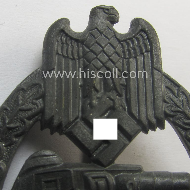 'Panzerkampfabzeichen in Silber' (or: silver-class panzer-assault badge or PAB) being a typical non-maker-marked- and/or zinc- (ie. 'Feinzink'-) based specimen of the so-called: 'scooped flatback'-pattern