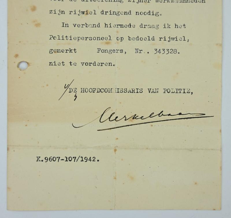 Dutch WW2 Permition Paper for Bike use