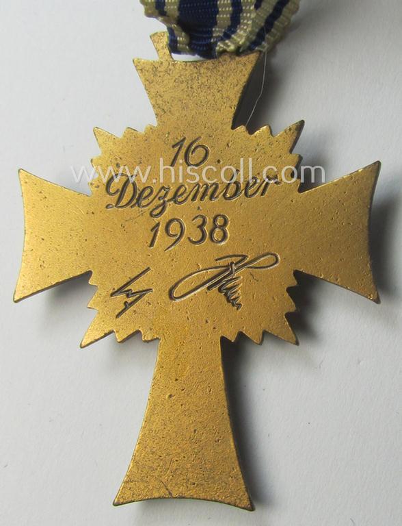 'Ehrenkreuz der deutschen Mutter - dritte Stufe' (or: bronze-class mothers'-cross) that came mounted onto its long-sized ribbon and that came stored in its period pouch (by the maker: 'Jakob Bengel - Oberstein')