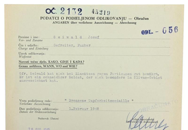 Croatian/German WW2 Bronze Bravery Medal Certificate 'Josef Seiwald'
