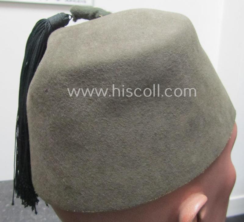 Superb - and rarely found! - field-grey-coloured and/or woolen-based: Waffen-SS 'Fez' (being a 'virtually mint- ie. unissued' example having a neat - and fully matching! - set of silver-grey-coloured 'BeVo'-insignia, originally-attached)