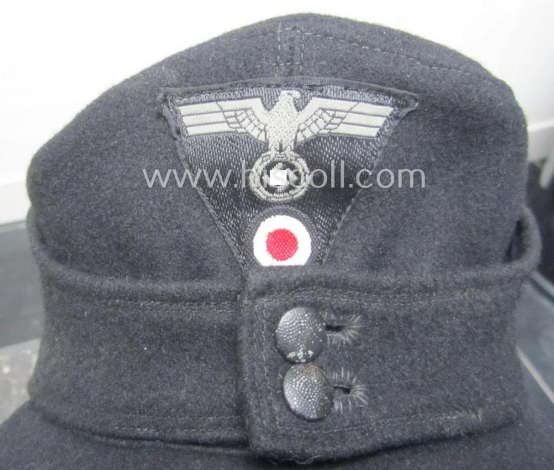 Later-war- (ie. 1943-) pattern, black-coloured WH (Heeres) 'Panzer' 'M43'-field-cap (ie. 'Einheitsfeldmütze') being a clearly '0/0250/2297'-marked and/or '1944'-dated example
