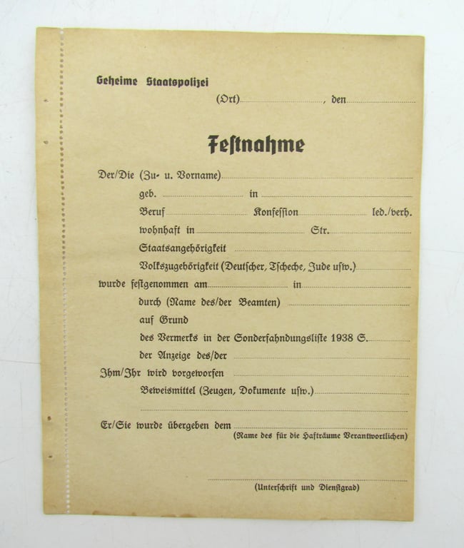 Blank Gestapo Arrest Report Form (Festnahme)