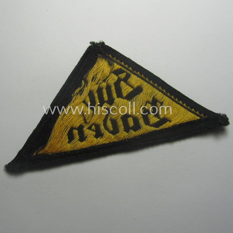Early-pattern 'HJ' ('Hitlerjugend') district-triangle (ie. 'Gebietsdreieck') entitled: 'Süd Baden' (being a moderately used- ie. worn example that regrettably misses its 'RzM'-etiket)