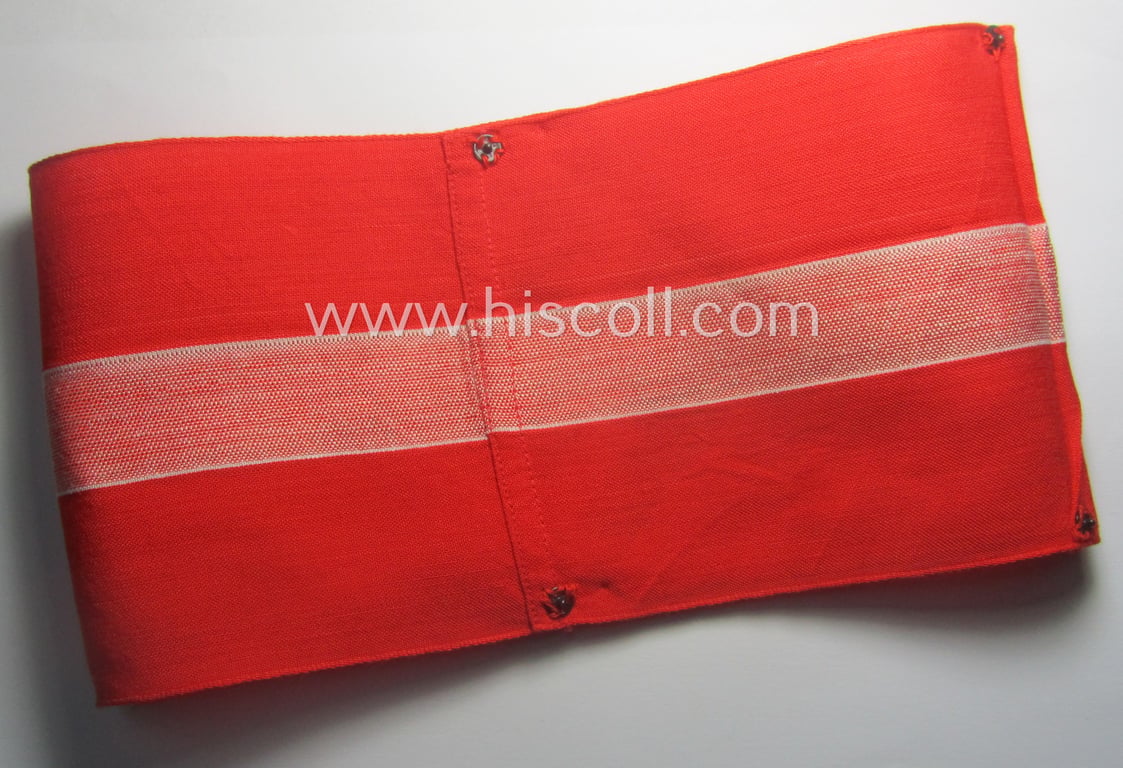 Attractive - and scarcely found! - 'standard-issued'- (ie. entirely woven) pattern, bright-red-coloured HJ- (ie. 'Hitlerjugend'-) related armband (ie. 'Armbinde') being a minimally used example that is void of an 'RzM'-etiket