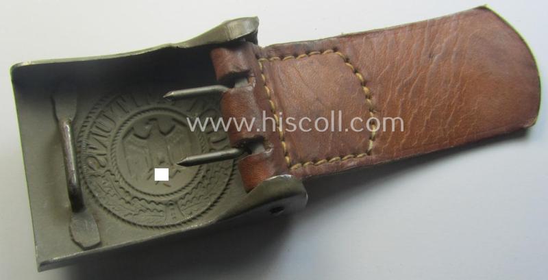 'Stonemint', WH (Heeres) 'standard-issue'-pattern, field-grey-toned- and/or steel-based belt-buckle being a maker- (ie. 'Brüder Schneider A.G.'-) marked- and/or: '1940'-dated example that came mounted onto its leather-based tab