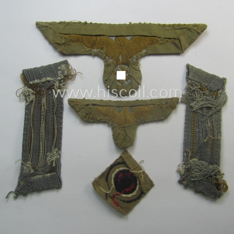Fantastic - very desirable and complete! - truly worn and carefully tunic-removed, WH (Heeres) tropical-issued (ie. DAK-related) EM-insignia-grouping as was worn by a: 'Soldat o. Gefreiter u. Mitglied einer Nachrichen-Abtls.'