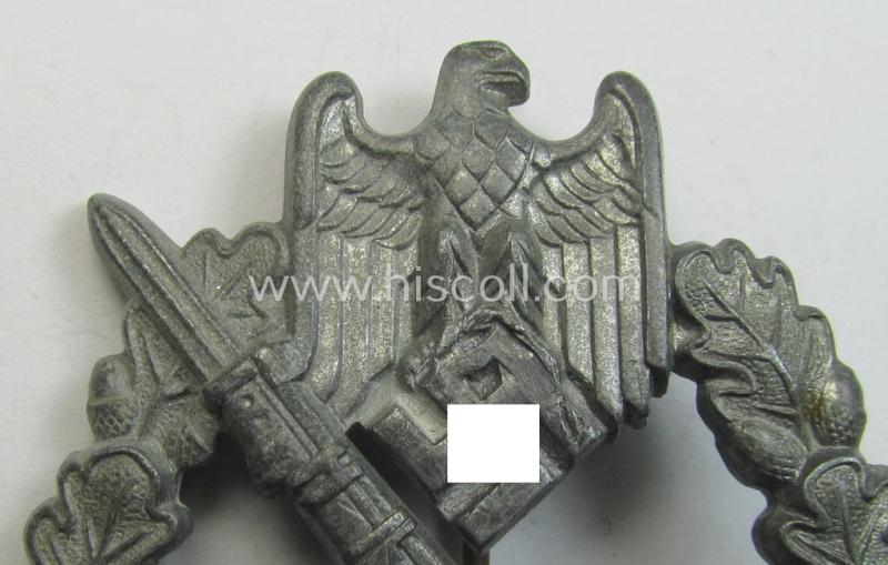 Attractive, silver-class 'Infanterie Sturmabzeichen in Silber' being a (typically) unmarked so-called: 'pillow-crimped'-pattern example as was executed in silverish-coloured, zinc-based metal (ie. 'Feinzink')