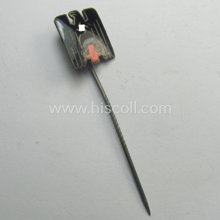 Interesting, 14 mm.-sized miniature of a: DRK (ie. 'Deutsches Rotes Kreuz') civil-attire badge (ie. 'Zivilabzeichen des D.R.K.') being a detailed example that is void of a makers'- (nor 'Ges.Gesch.'-patent-), designation