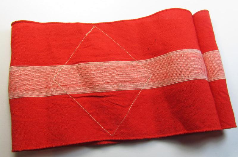 Attractive - and nowadays scarcely found! - 'standard'- (ie. entirely woven) pattern, bright-red-coloured HJ- (ie. 'Hitlerjugend'-) related armband (ie. 'Armbinde') being a hardly worn- ie. used example that regrettably misses its 'RzM'-etike...