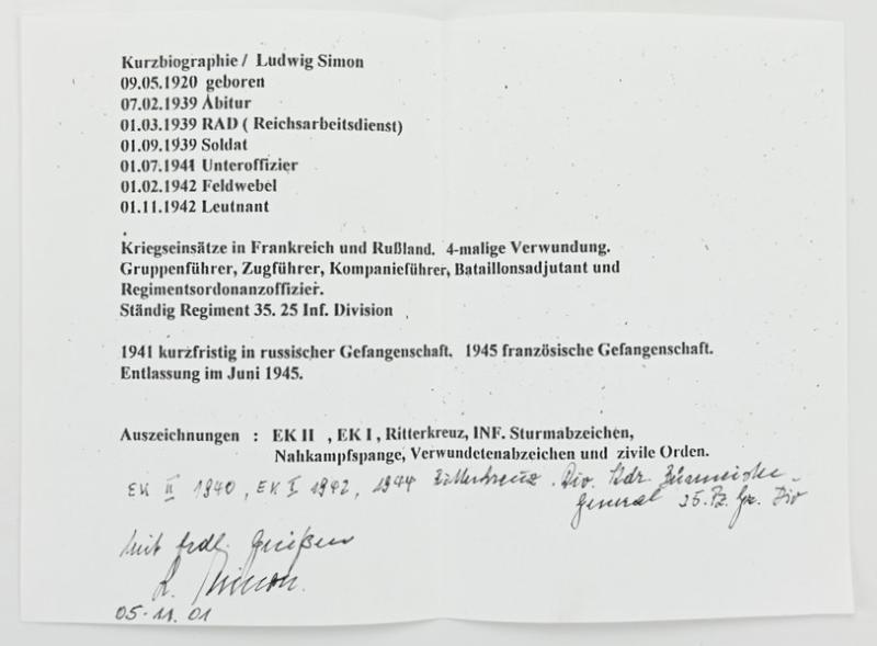 German Signature of WH KC Recipient 'Ludwig Simon'
